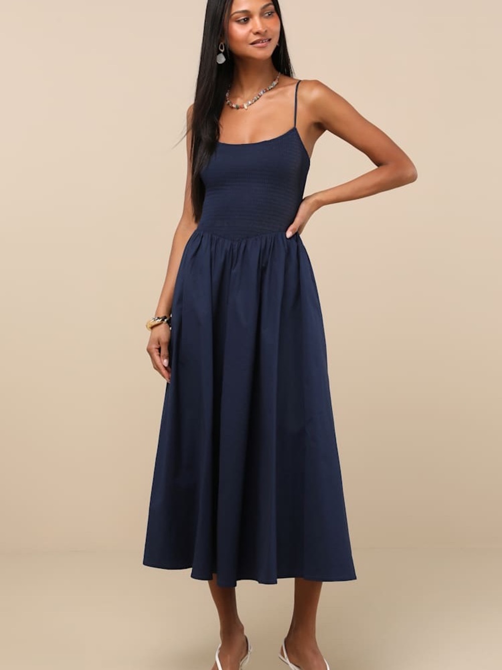 Lulu's Navy Smocked Midi Dress with Spaghetti Straps